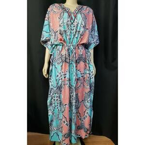 Riviera Sun Blue Multicolor Paisley Maxi Caftan Dress for Women One Size NWT #C